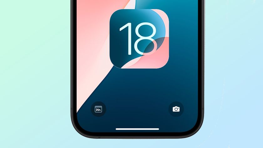 iPhone lock screen showing Control Center shortcuts and the iOS 18 logo