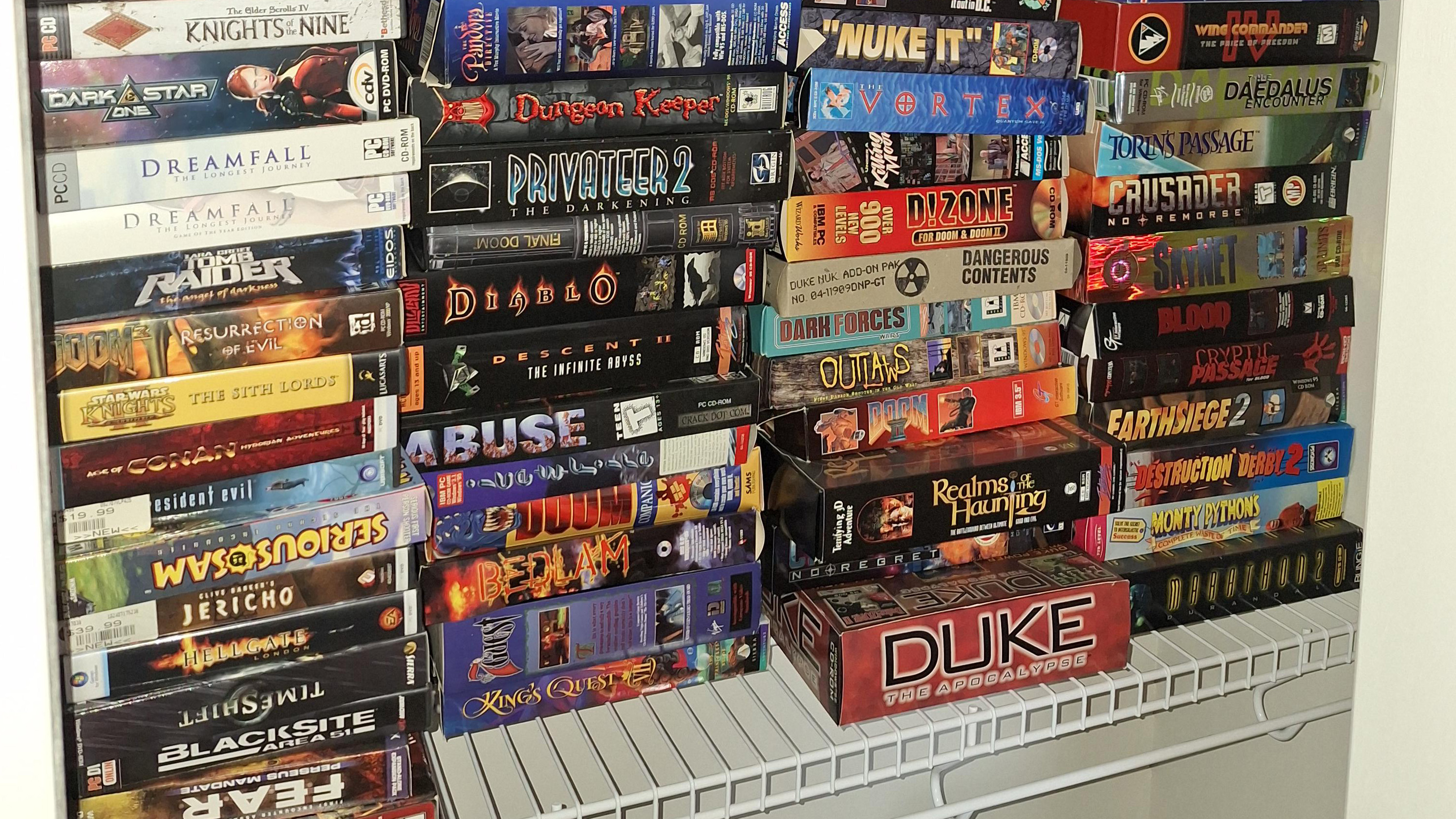 A closet full of dozens of big box PC games