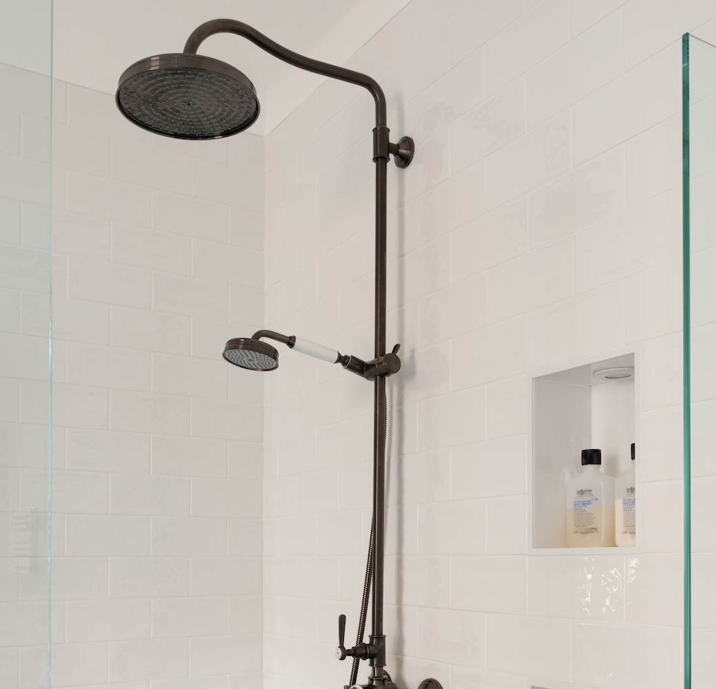 white shower tiles