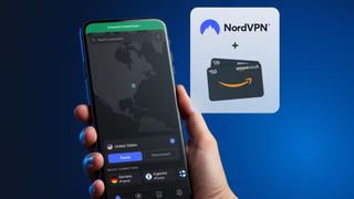 A promotional image for NordVPN, showing a hand holding a photo running NordVPN, with two Amazon gift cards in the background.