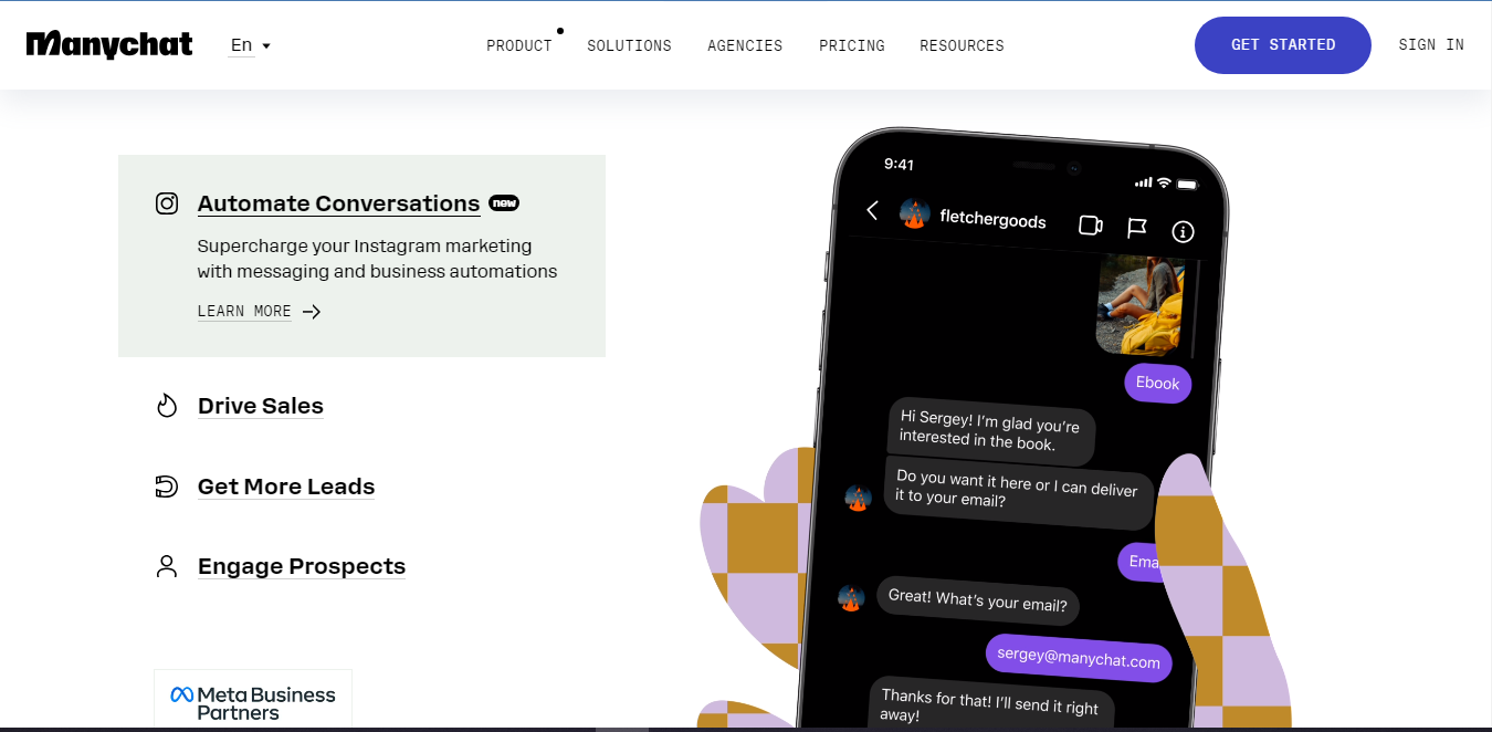 Website screenshot for ManyChat