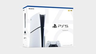 PS5 Slim box on a gray background