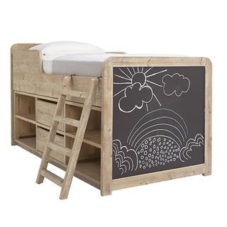 wooden cabin bed for kids with white mattress and black board