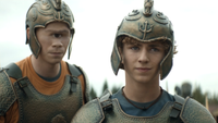 Daniel Diemer and Walker Scobell as Tyson and Percy in the chariot race scene in Percy Jackson and the Olympians Season 2, episode 2 "Demon Pigeons Attack" 