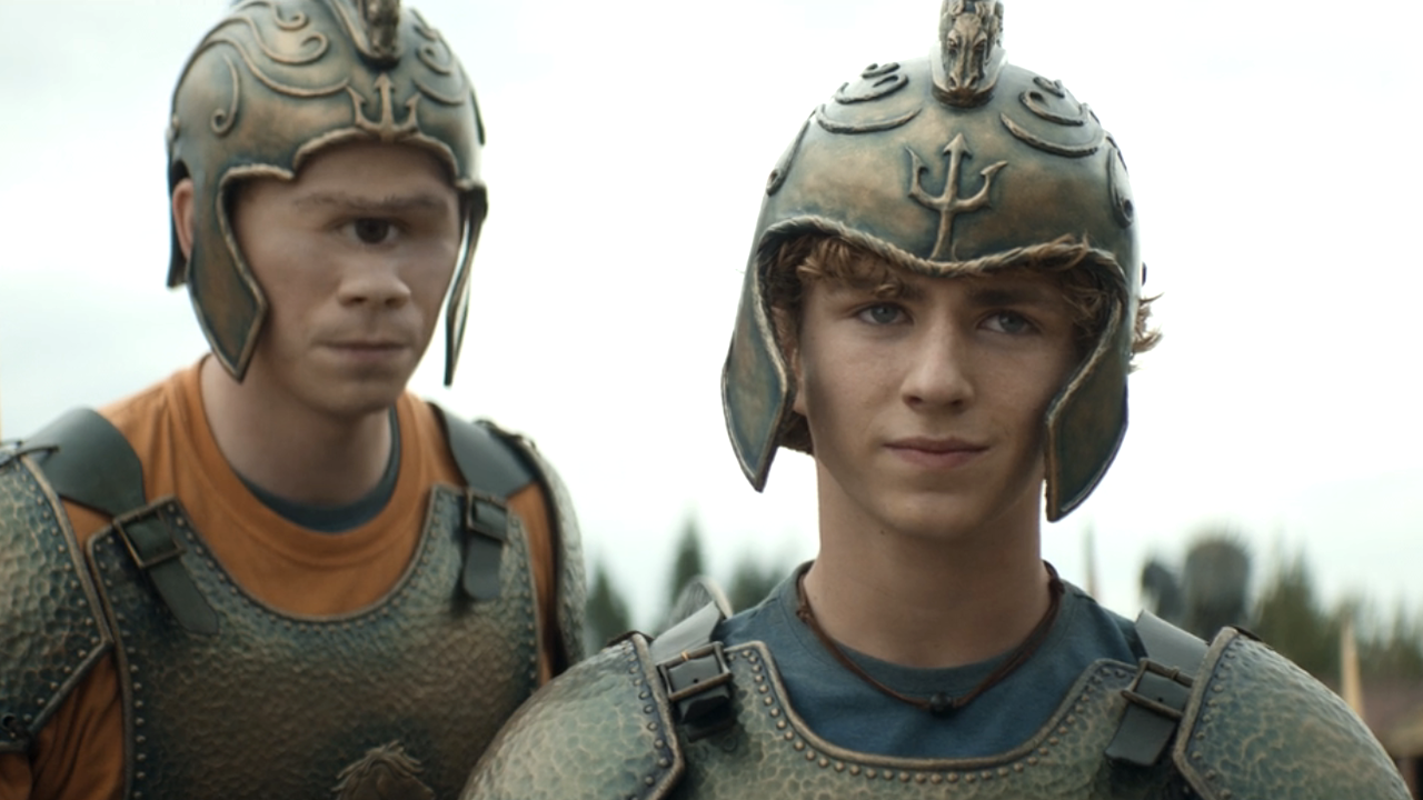 Daniel Diemer and Walker Scobell as Tyson and Percy in the chariot race scene in Percy Jackson and the Olympians Season 2, episode 2 &quot;Demon Pigeons Attack&quot; 