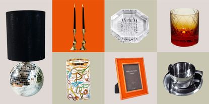 collage of disco lamp, gold candlesticks, diamond dish, crystal glass, vase with snake print, orange picture frame, and silver mug
