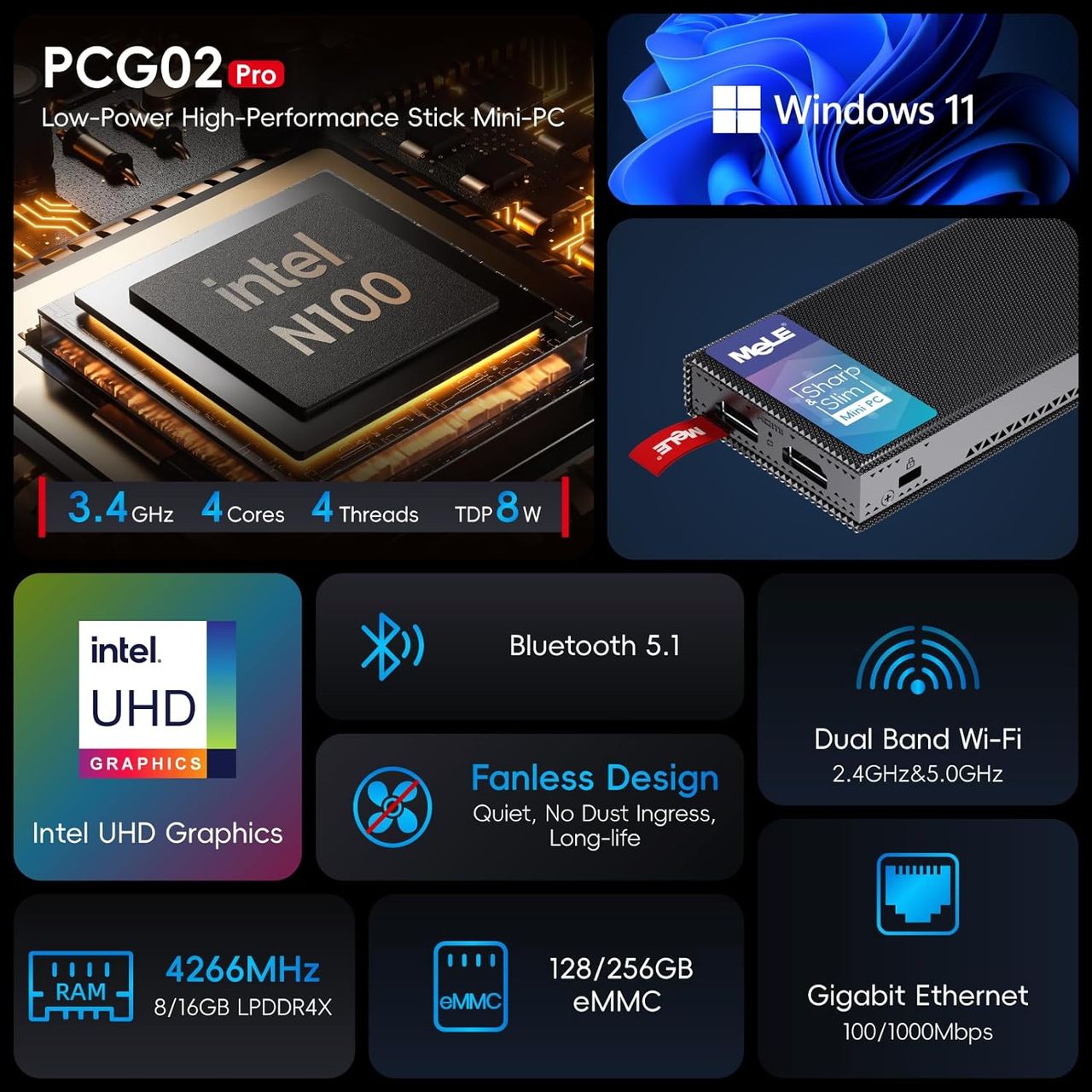 Fanless Intel N100 stick PC bundles Windows 11, 16GB RAM and 256GB