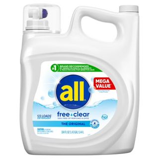 A white bottle of all free clear sensitive skin laundry detergent with blue label