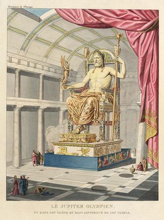 Reproduction of an 1815 French poster with an artist's rendition of the statue of Zeus at Olympia.