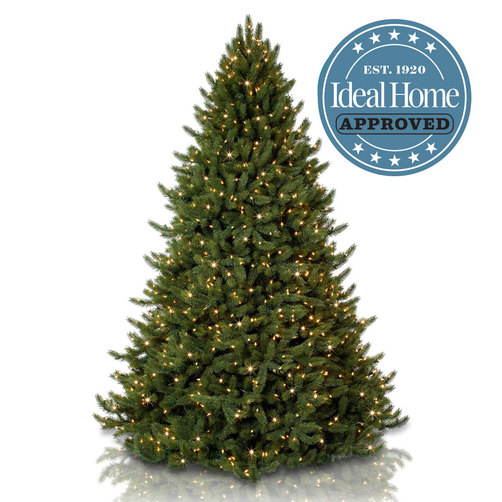 Balsam Hill Vermont white Spruce Christmas tree decorated with lights with Ideal Home Approved logo
