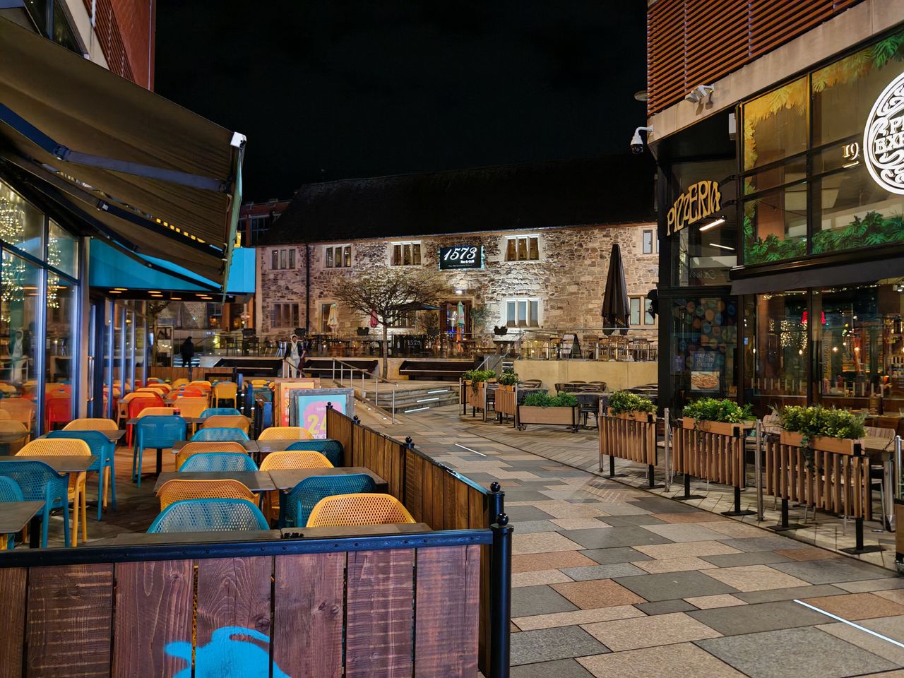 Restaurant in a shopping mall at night