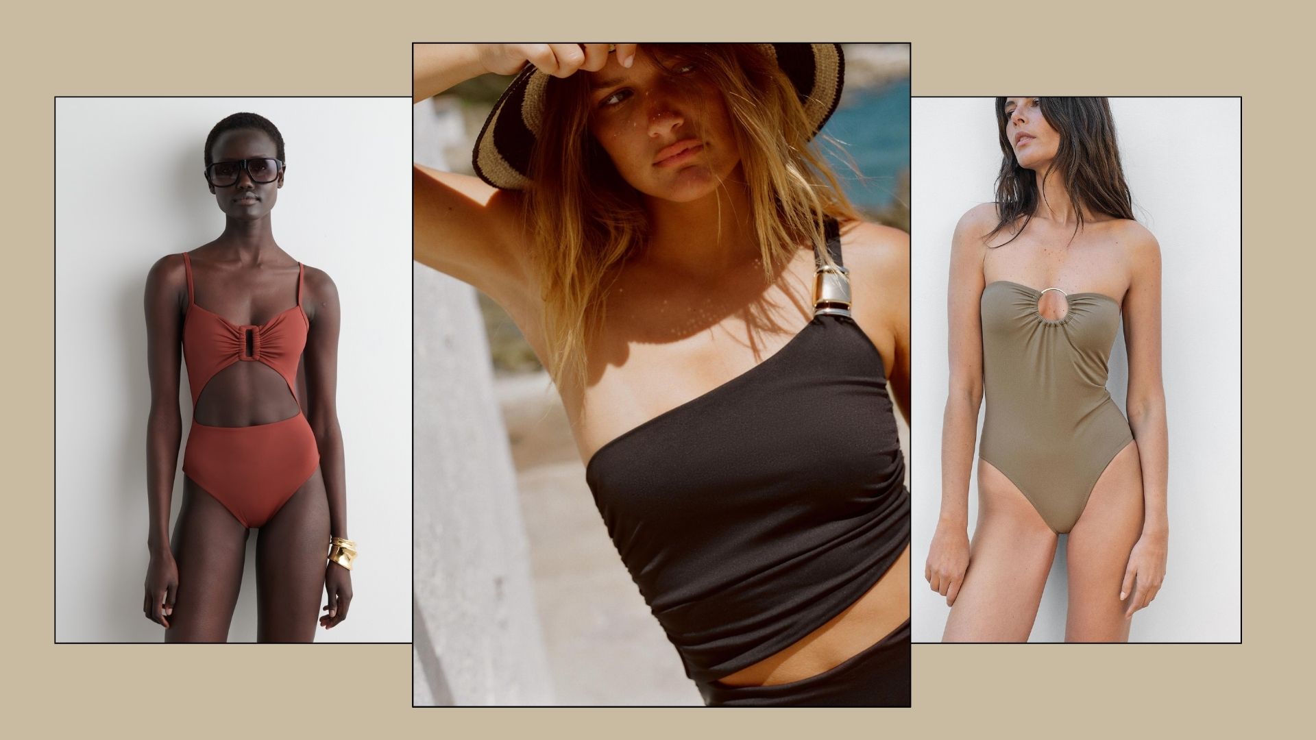 Three women wearing high street swimwear