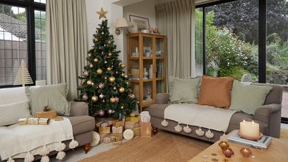 Neutral living room with sofa and Christmas tree