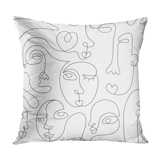 A white pillow with black line portrait drawing pattern