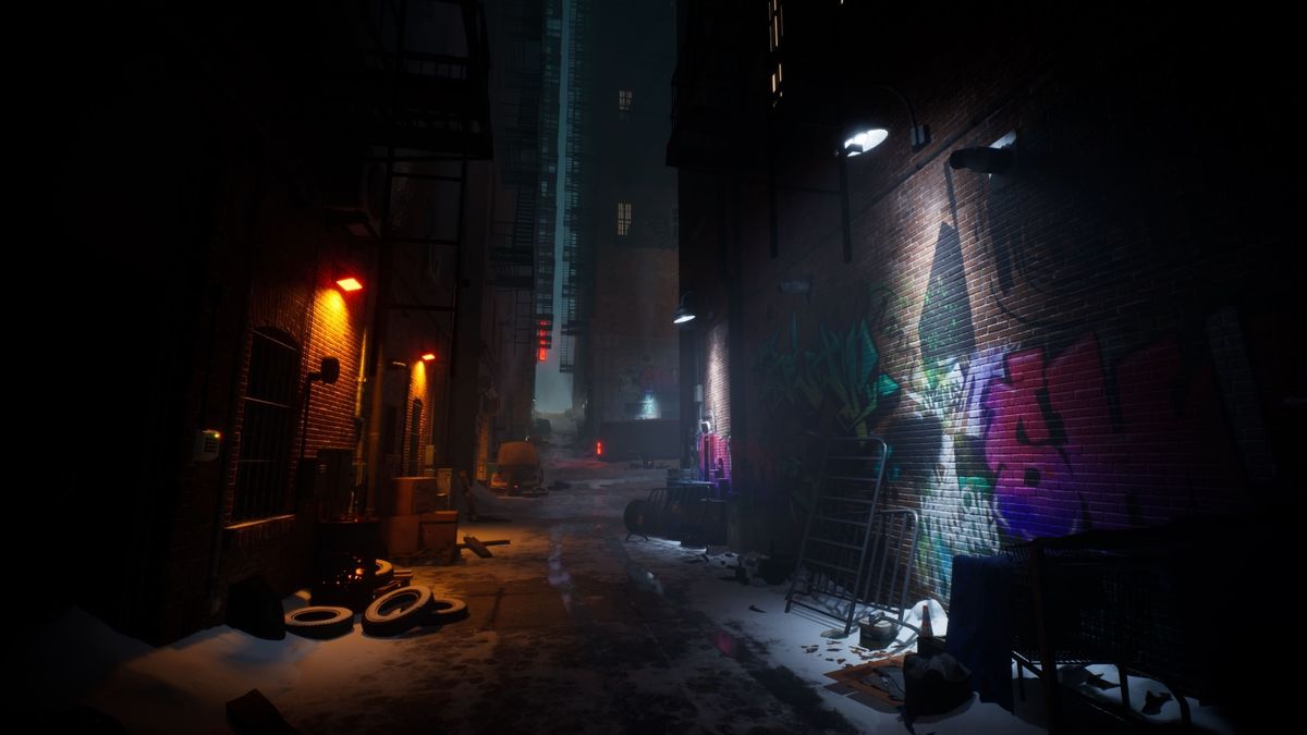 screenshot of snowy, graffiti-tagged alleyway
