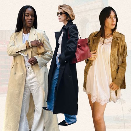 Woman in pale yellow coat and jeans; woman in black trench and jeans; woman in babydoll dress and fringe jacket