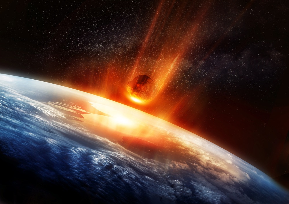 A large Meteor burning and glowing as it hits the earth&#039;s atmosphere. 3D illustration.