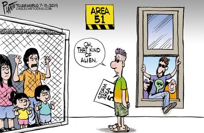 Political Cartoon U.S. Area 51 Aliens Cages Migrants