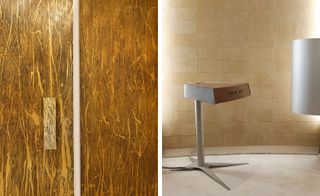 Two side-by-side photos of a brown patterned door by Holgar & Holgar and a grey control panel on a stand by Maxime Old