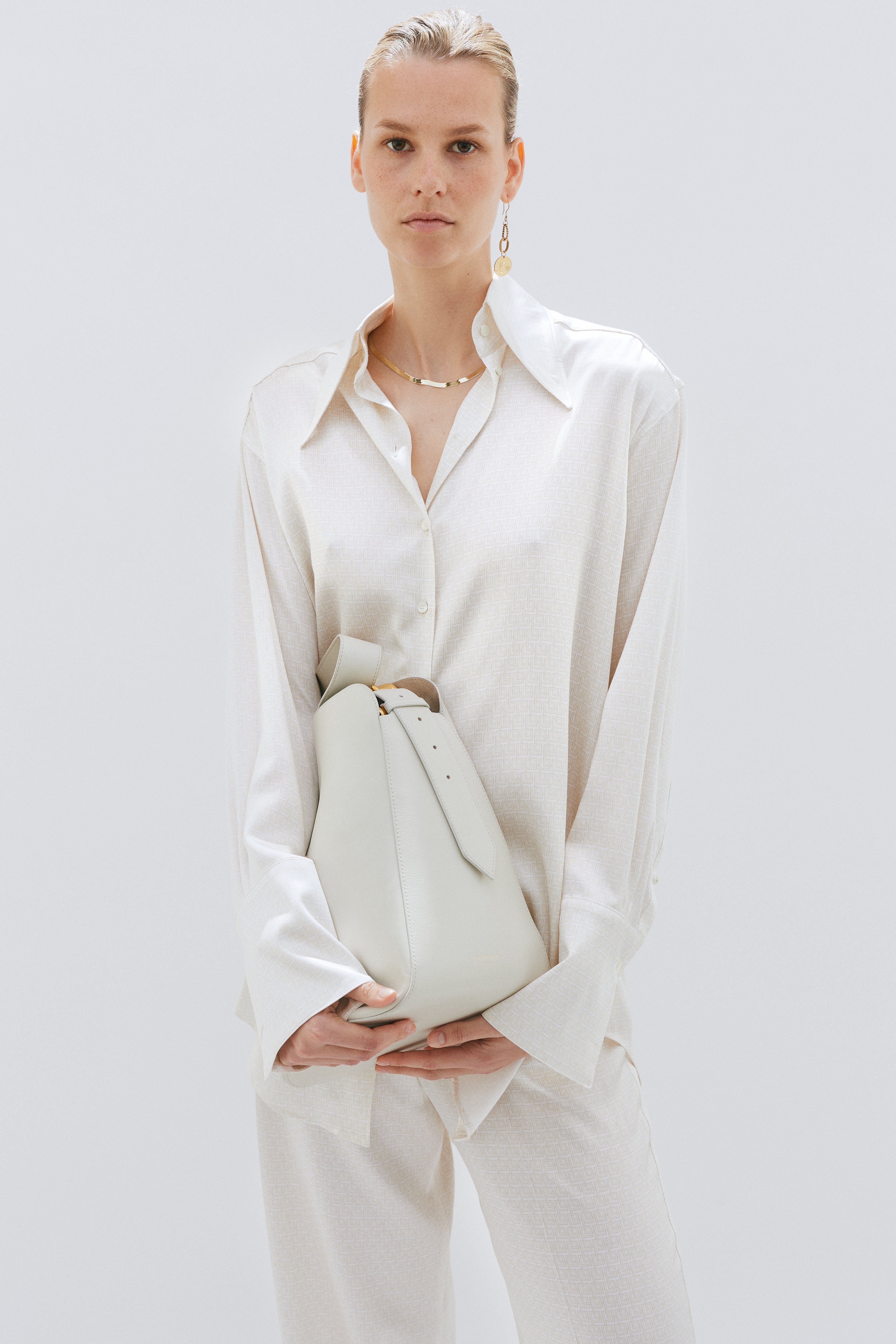 Ivory Lp Tonal Repeat Printed Silk Exaggerated Collar Shirt | Laura Pitharas