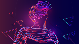Bild einer Person, die ein VR-Headset trägt, umgeben von Dreiecken