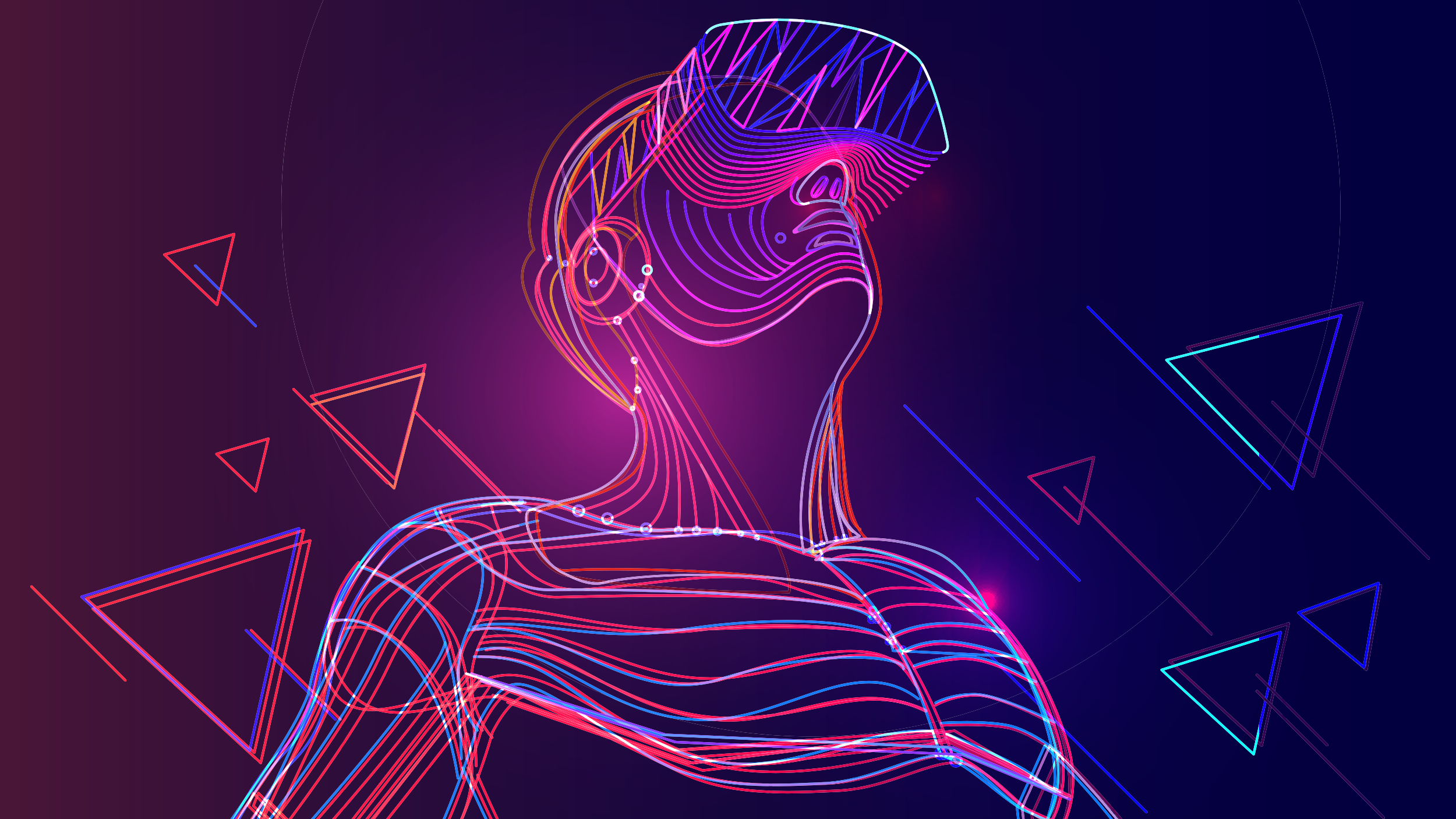 Image of a person wearing a VR headset surrounded by triangles