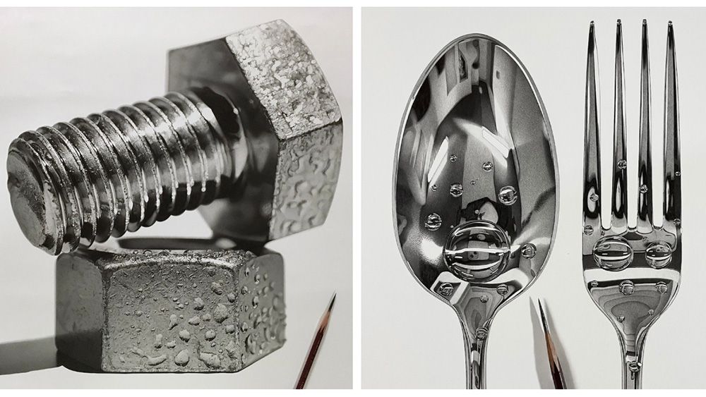 Hyper realistic pencil drawings of a nut and bolt and a spoon and fork