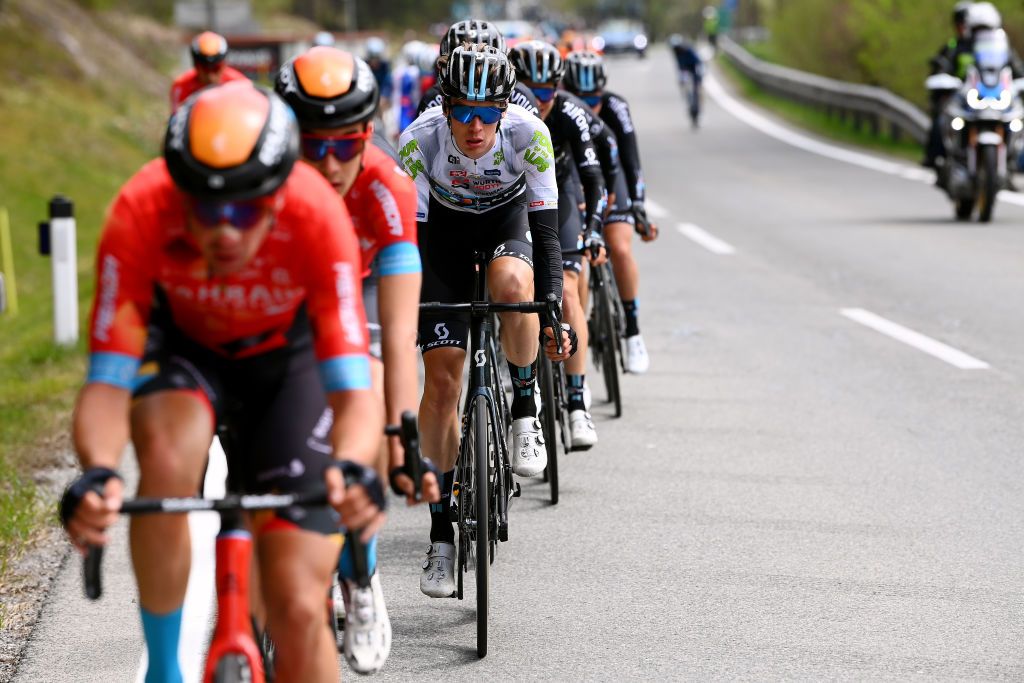 LIENZ AUSTRIA APRIL 21 Thymen Arensman of Netherlands and Team DSM white best young jersey compete during the 45th Tour of the Alps 2022 Stage 4 a 1424km stage from Villabassa to Kals am Grossglockner 1336m TouroftheAlps on April 21 2022 in Lienz Austria Photo by Tim de WaeleGetty Images
