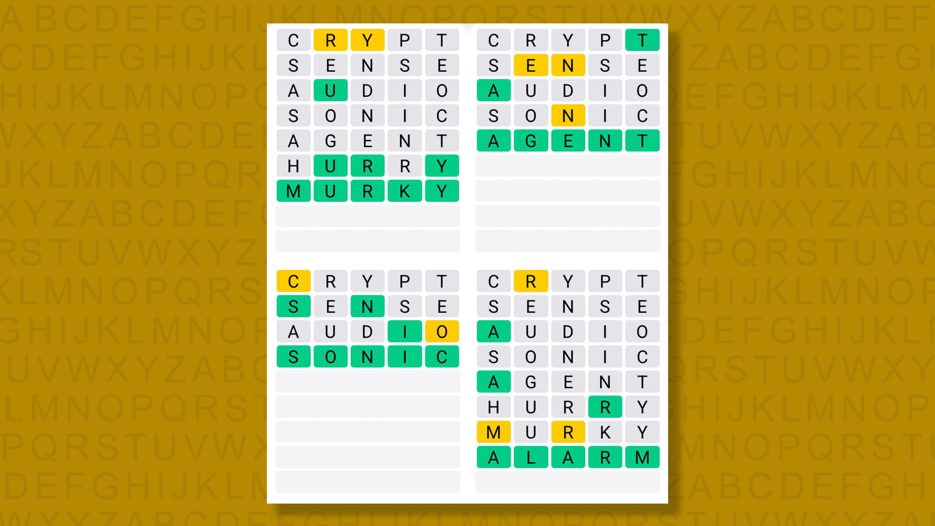 Quordle answers for game 1512 on a yellow background