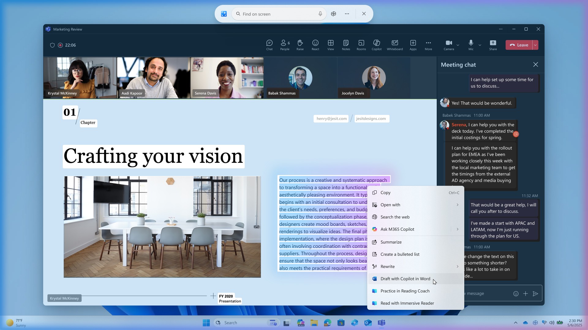 Click to Do showing “Draft with Copilot in Word” action on content being shared during a Microsoft Teams call.