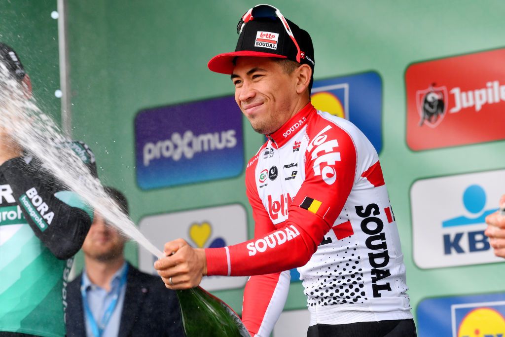 Lotto Soudal&#039;s Caleb Ewan celebrates his 10th and final victory of 2019 at the Brussels Cycling Classic