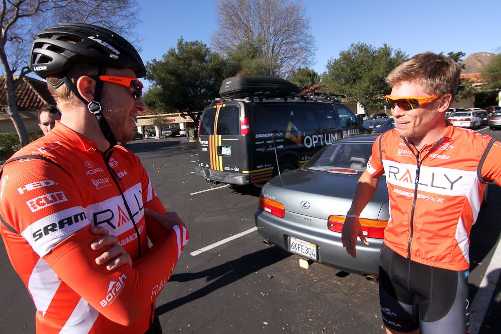 Former SmartStop teammates Rob Britton and Shane Kline wait to start a ride with their new team.