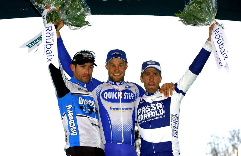 George Hincapie and Juan Antiono Flecha join Tom Boonen on the podium in 2005