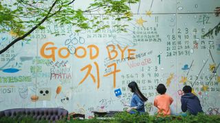 A wall saying 'goodbye' in Netflix's Goodbye Earth
