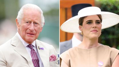 A composite of a picture of King Charles arriving at the 2026 RHS Sandringham Flower Show and a picture of Princess Eugenie at Ascot 2025