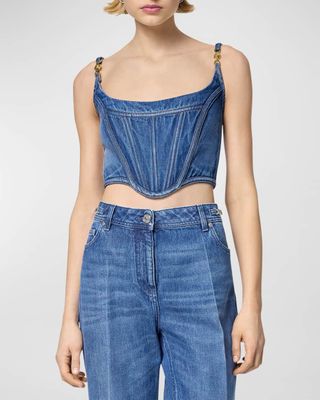 Stone-Washed Denim Crop Corset Top