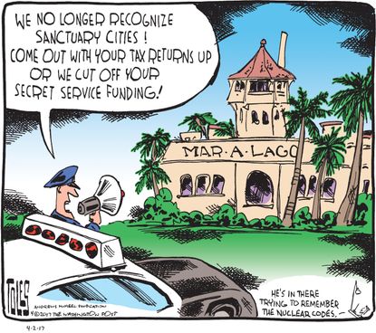 Political Cartoon U.S. Trump ban sanctuary city Mar-a-Lago winter White House