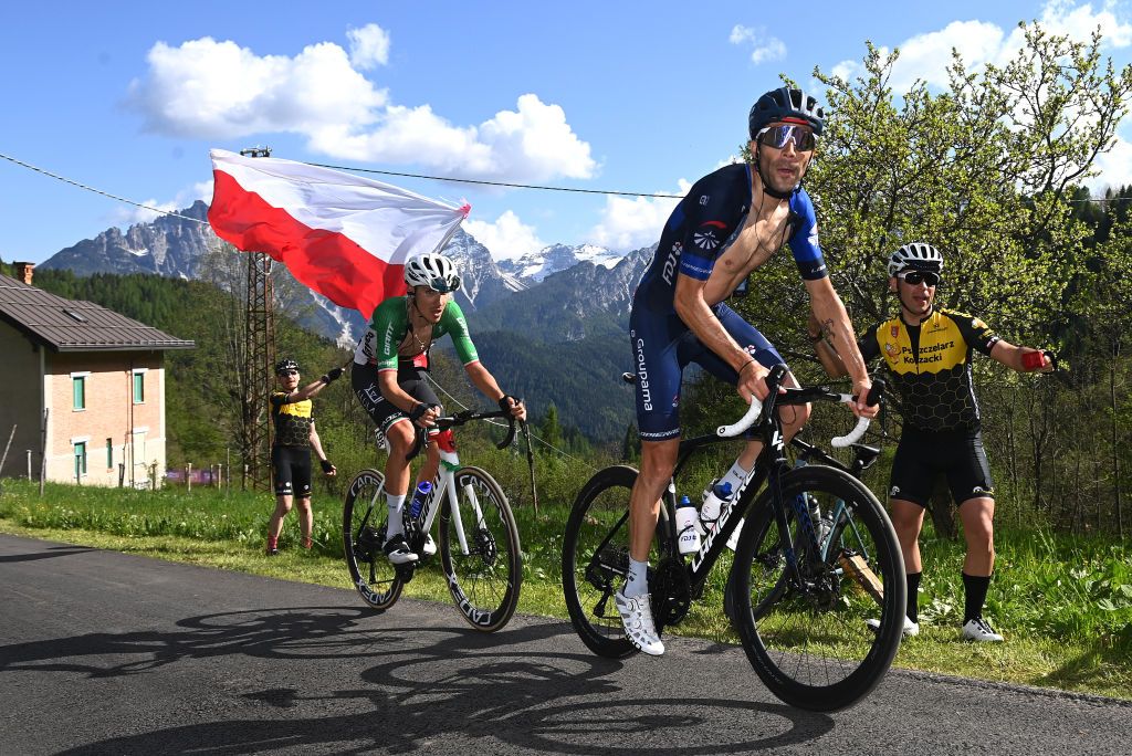 VAL DI ZOLDO PALAFAVERA ITALY MAY 25 LR Filippo Zana of Italy and Team Jayco AlUla and Thibaut Pinot of France and Team Groupama FDJ compete in the breakaway during the 106th Giro dItalia 2023 Stage 18 a 161km stage from Oderzo to Val di Zoldo Palafavera 1514m UCIWT on May 25 2023 in Val di Zoldo Palafavera Italy Photo by Tim de WaeleGetty Images