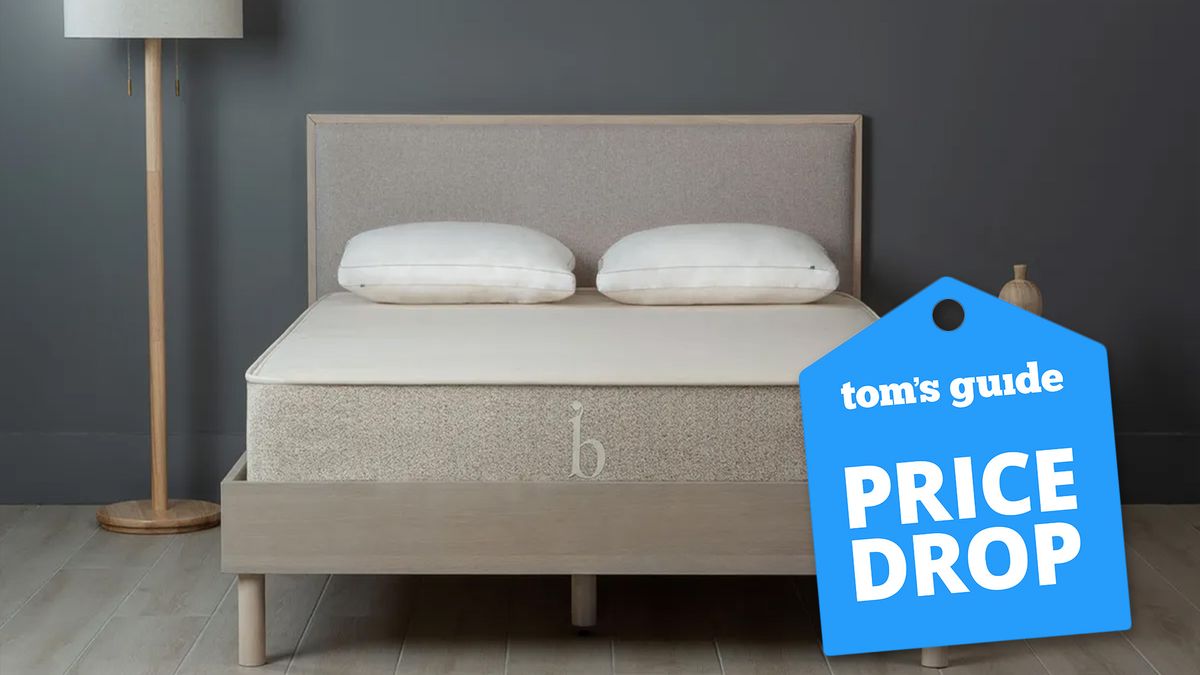 Birch Natural Mattress on a fabric bedframe with a blue price drop badge overlaid on the image 