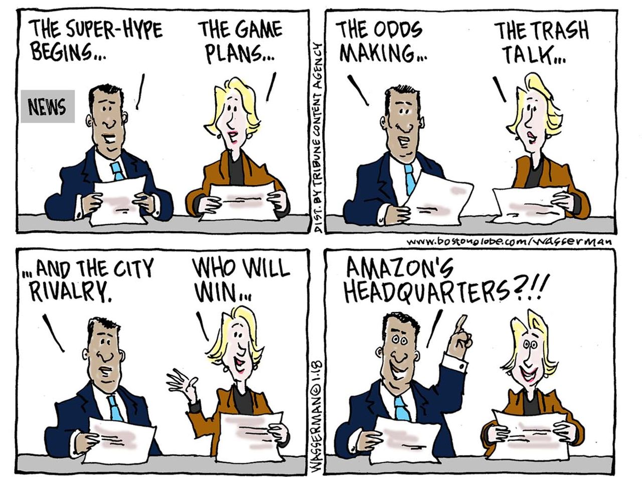 Editorial cartoon U.S. Amazon headquarters Super Bowl sports football