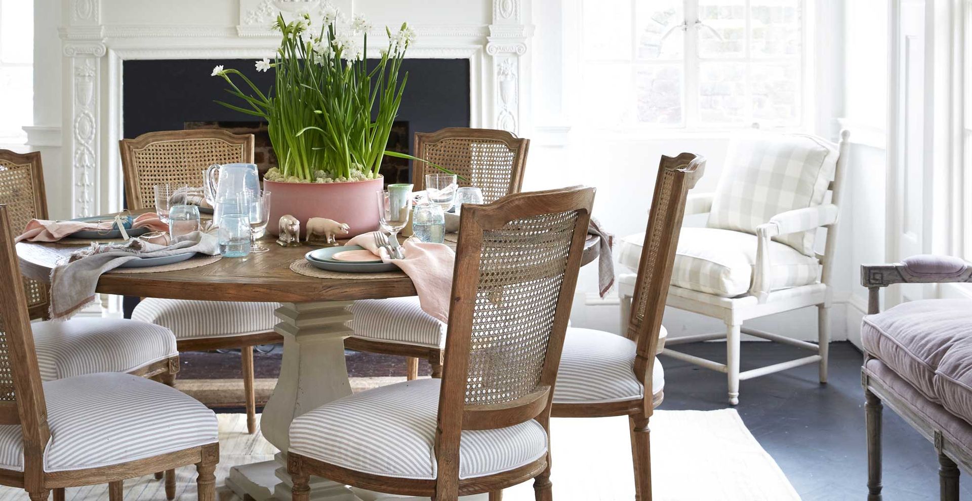 Round dining table dressed for Easter celebrations