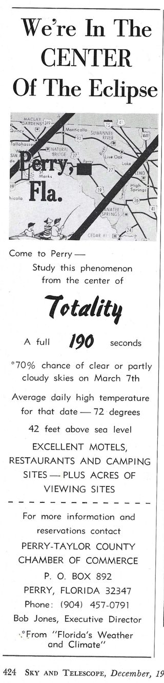 Advertisement promoting excellent weather prospects for the March 1970 eclipse from Perry Florida.