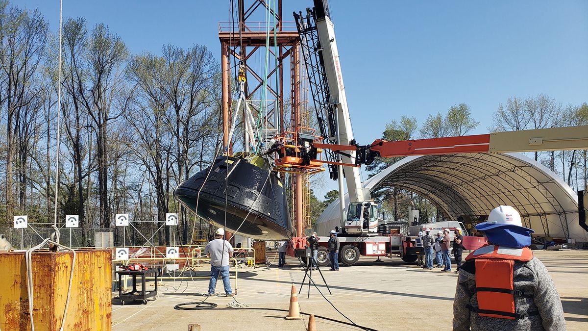 Engineers at NASA Langley prepare for the Orion drop test on April 6, 2021.