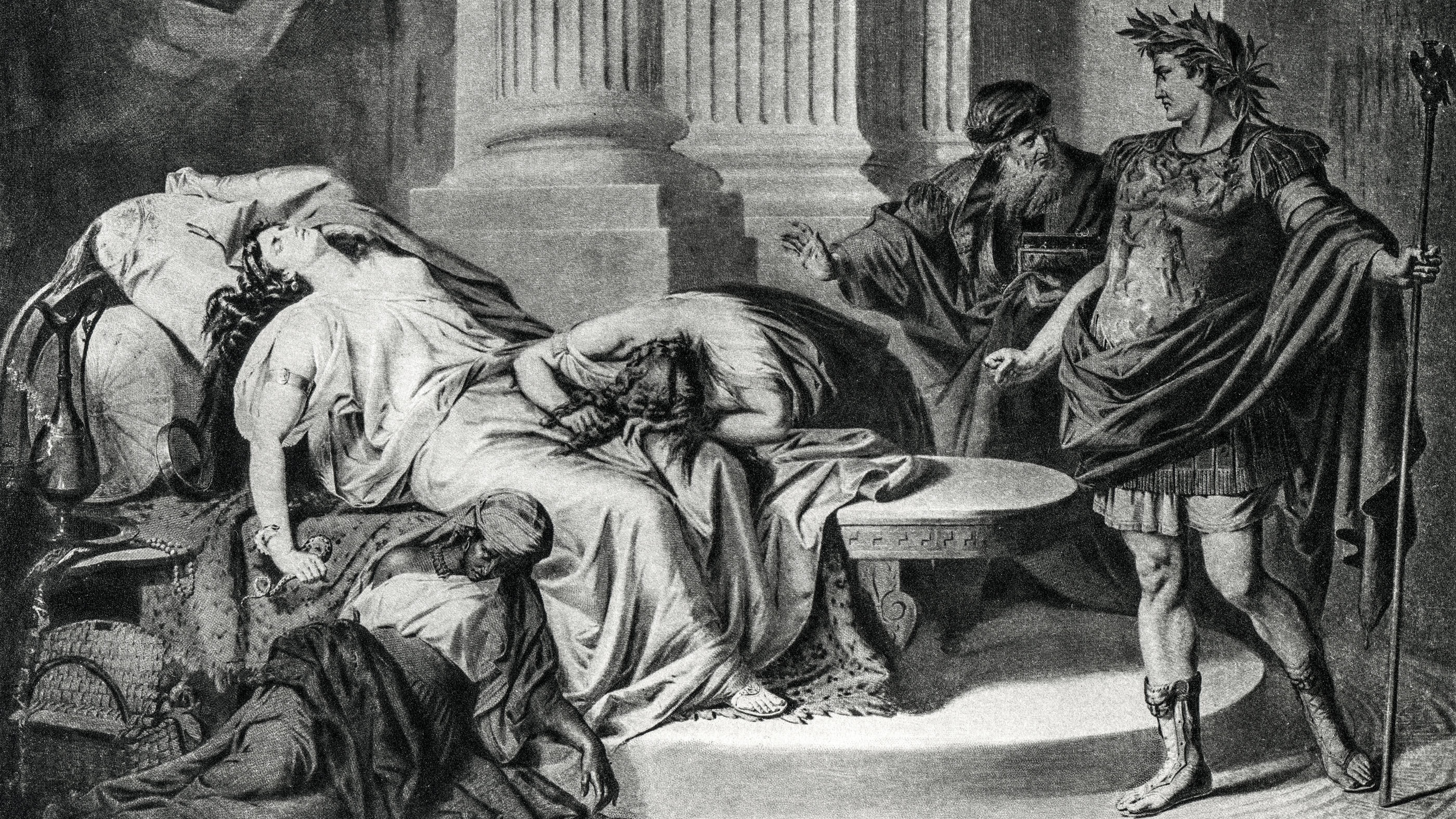This engraving from 1894 shows Augustus Caesar and Cleopatra — who is dead with a snake in her hand.