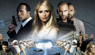 Dwayne Johnson, Sarah Michelle Gellar, and Seann William Scott loom over the rest of the cast of Southland Tales