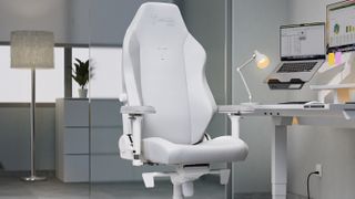 Image of the Secretlab TITAN Evo NanoGen Edition in white, setup in a light office.