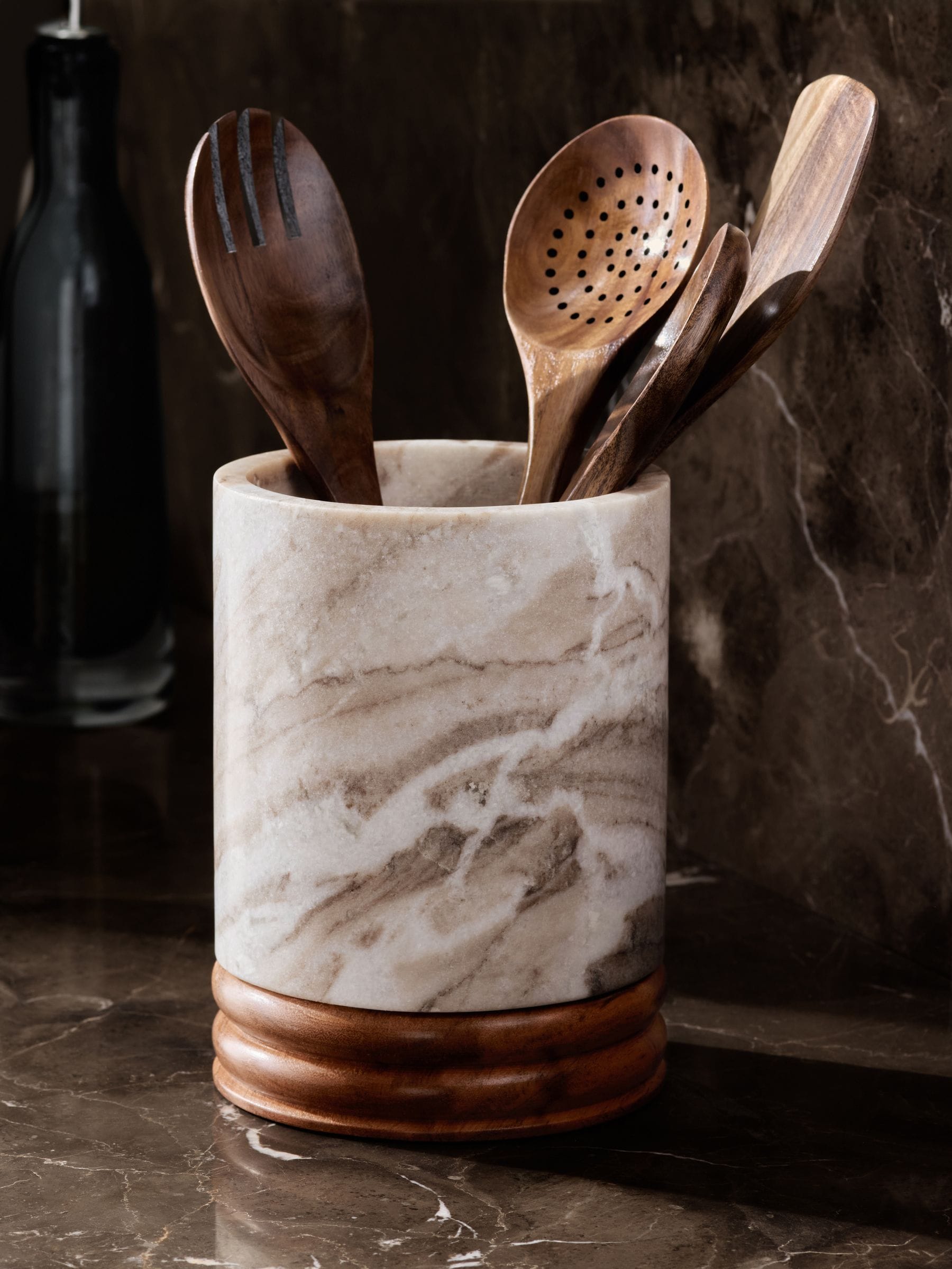 Natural N. Premium Marble and Wood Utensil Pot