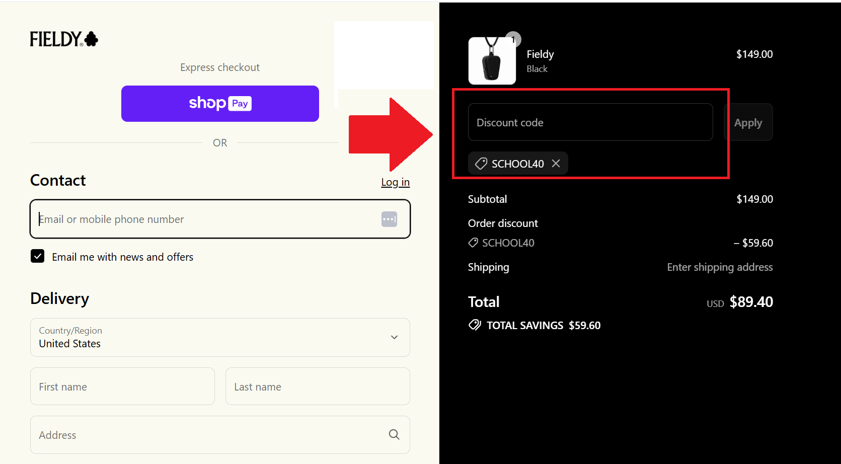 A screenshot showing the fieldy ai checkout page and where to enter a fieldy discount code