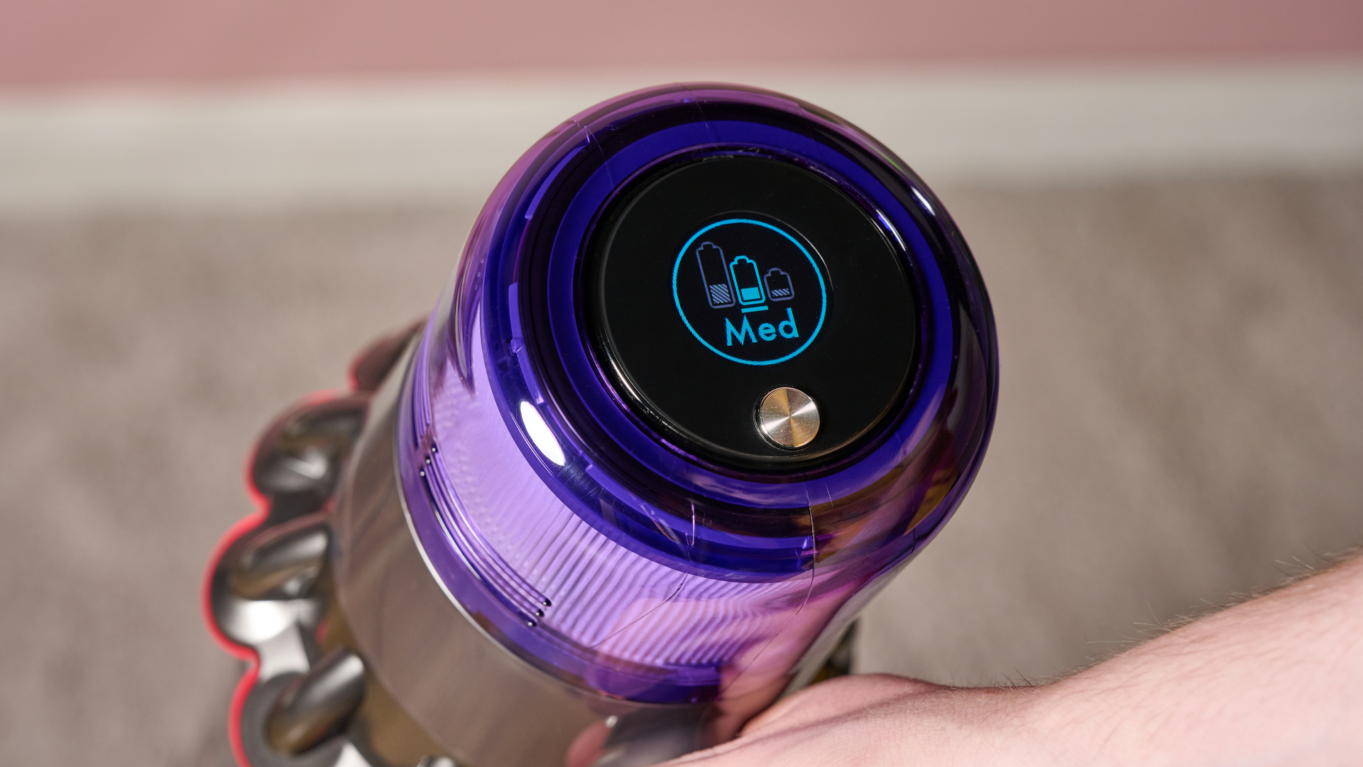 Close up of control screen on Dyson V11 stick vacuum