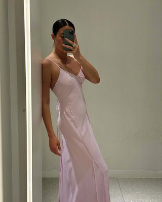 Powder pink trend: Sasha Mei in pink slip dress